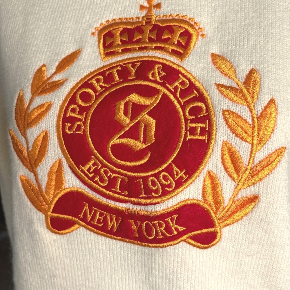 Sporty & Rich NY Crest Knitted Sweater, Ecru, Large, Embroidered Logo, Luxury - Picture 5 of 10